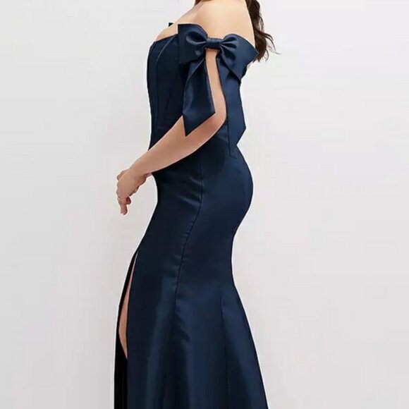 Alfred Sung Midnight Blue Off the Shoulder Bow Satin Gown D854 - Picture 3 of 6